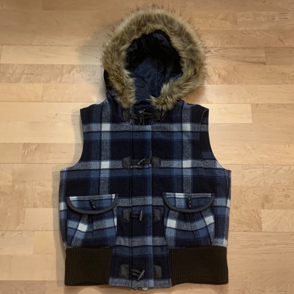 Hooded Faux Fur Navy Flannel Plaid Warm Wool Vest